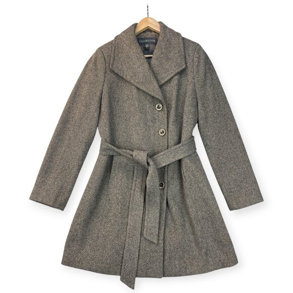 Vintage Covington Womens Coat Donegal Tweed Wool Blend Belted Outerwear Tan Sz L - Picture 3 of 16